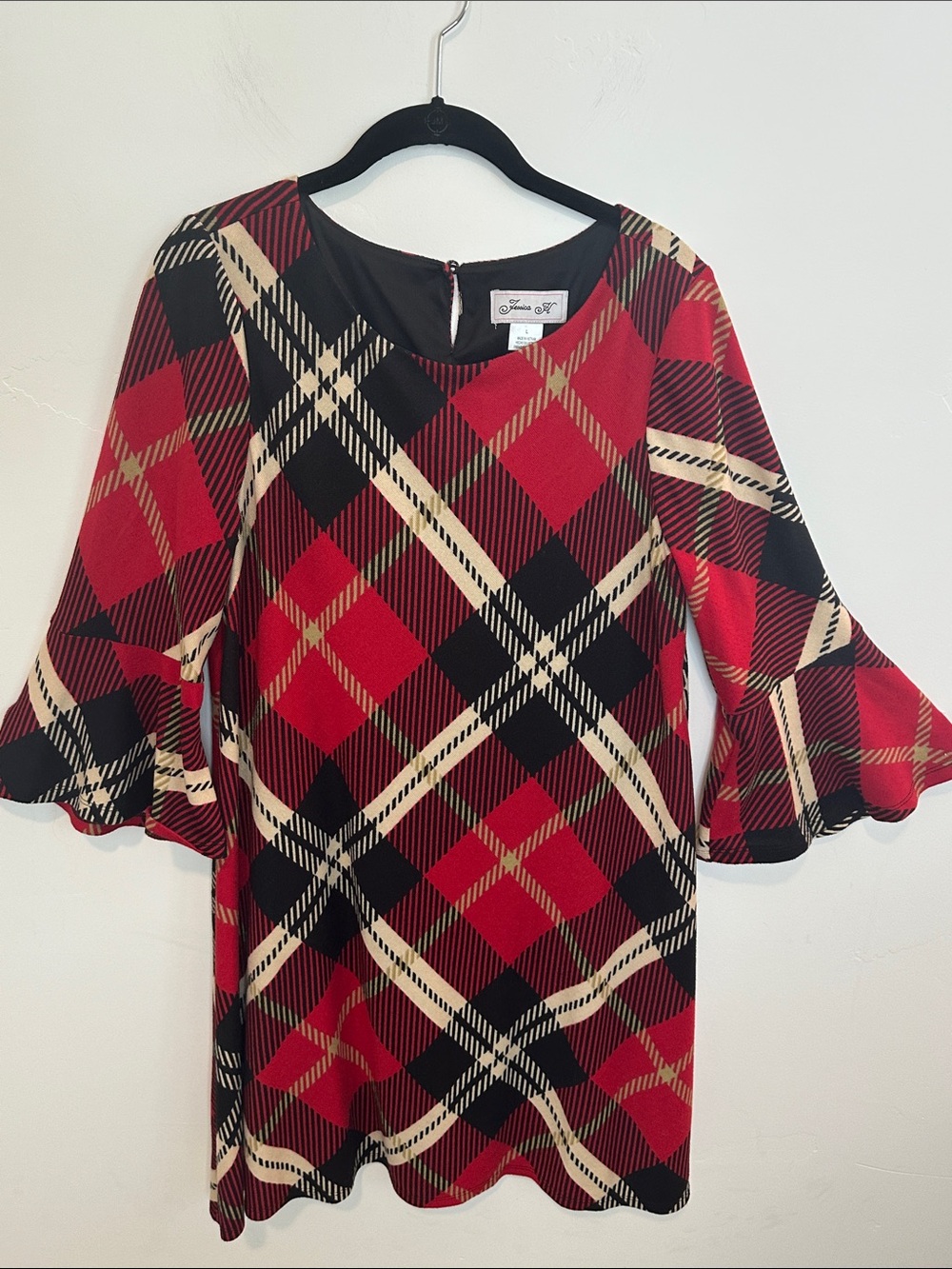 Jessica H Red & Black Plaid Bell-Sleeve Shift Dress, Size Large